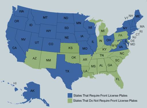 A United States map detailing the states that require front license plates