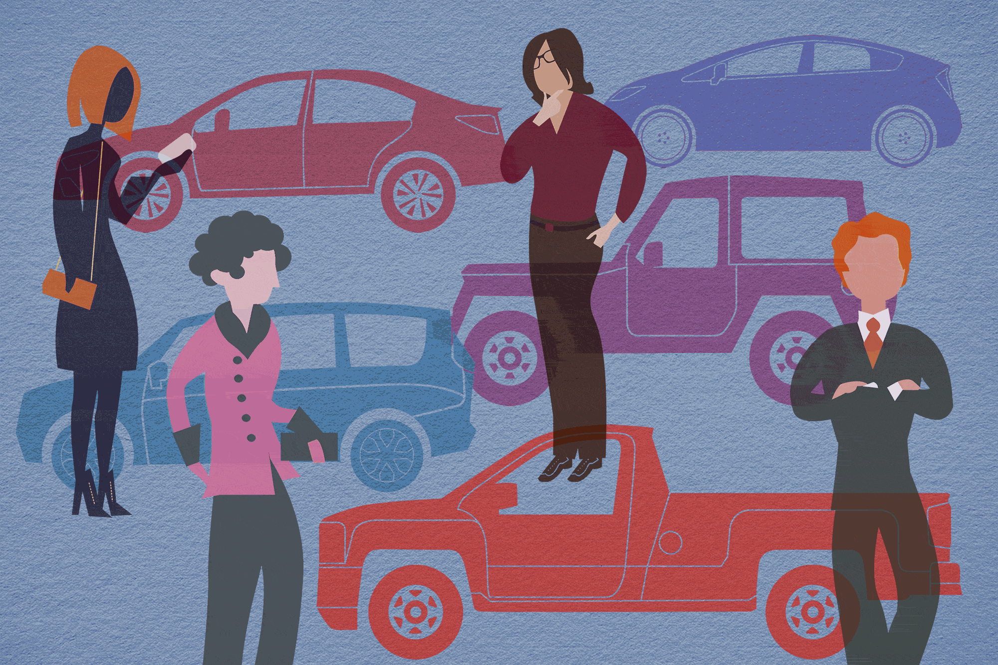 An illustration of people and cars