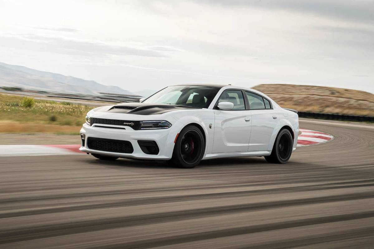 White 2021 Dodge Charger SRT Hellcat Redeye on a race track