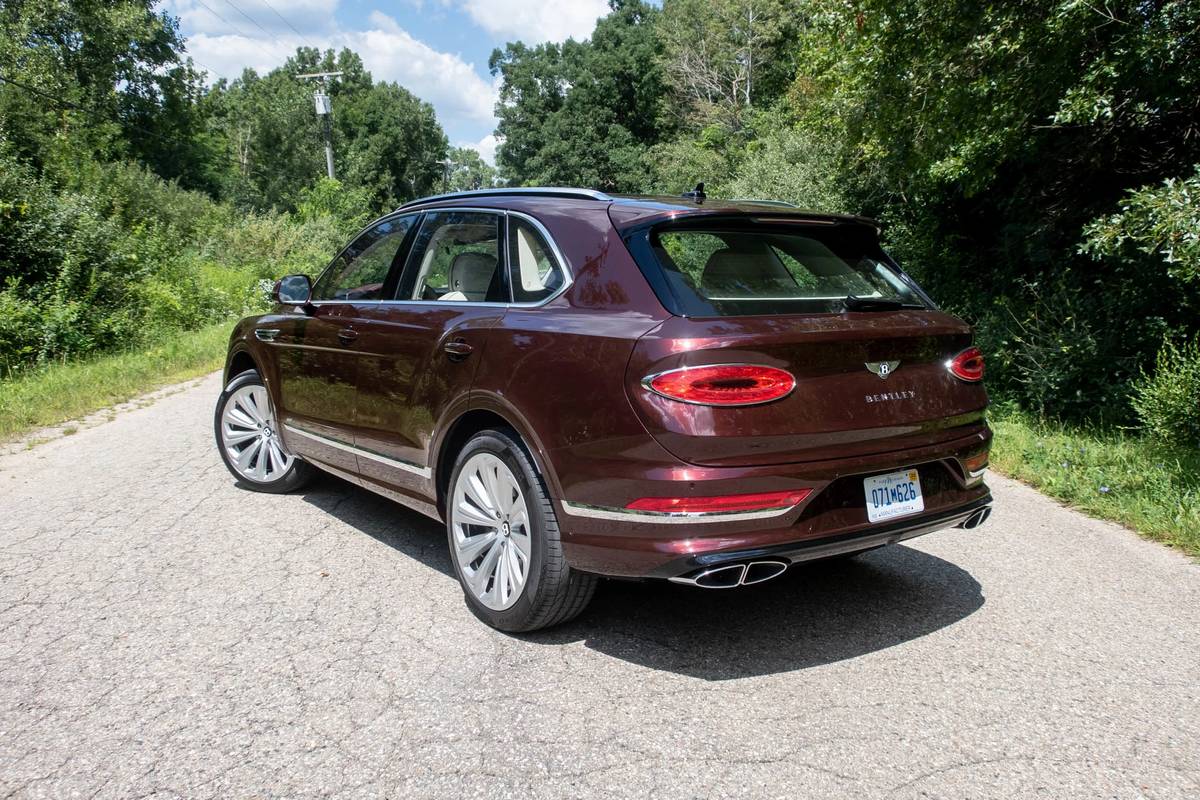 Rear angle view of a red 2021 Bentley Bentayga