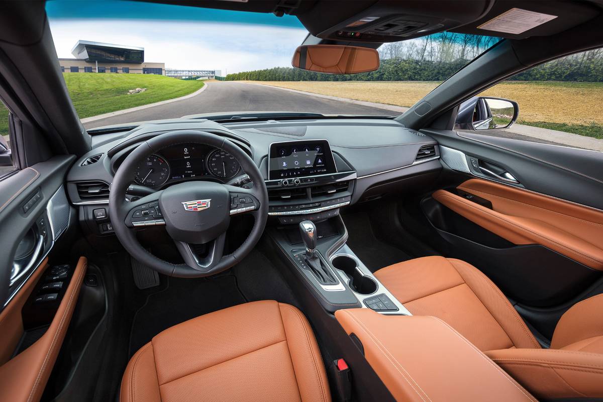 cadillac ct4 premium luxury 2020 05 black cockpit shot front row interior tan two tone jpg