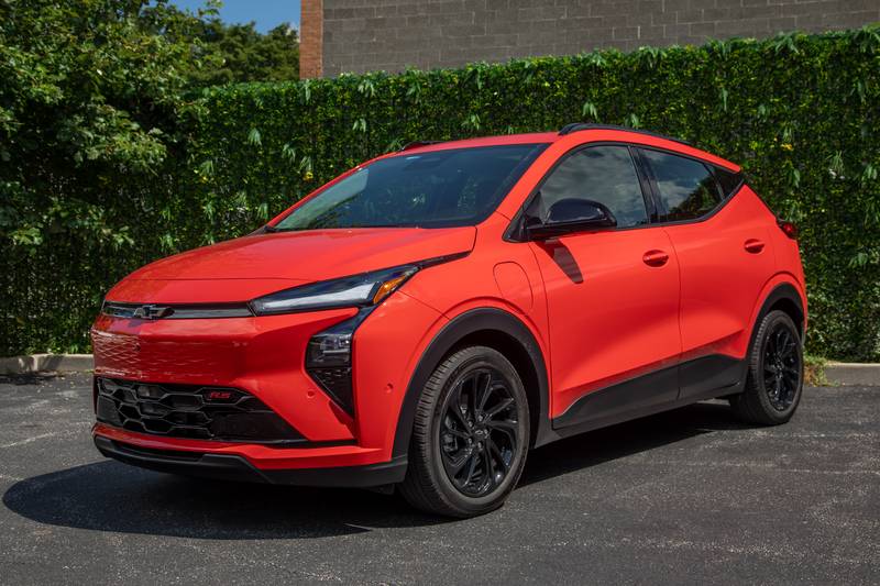 Red 2027 Chevrolet Bolt RS front angle view