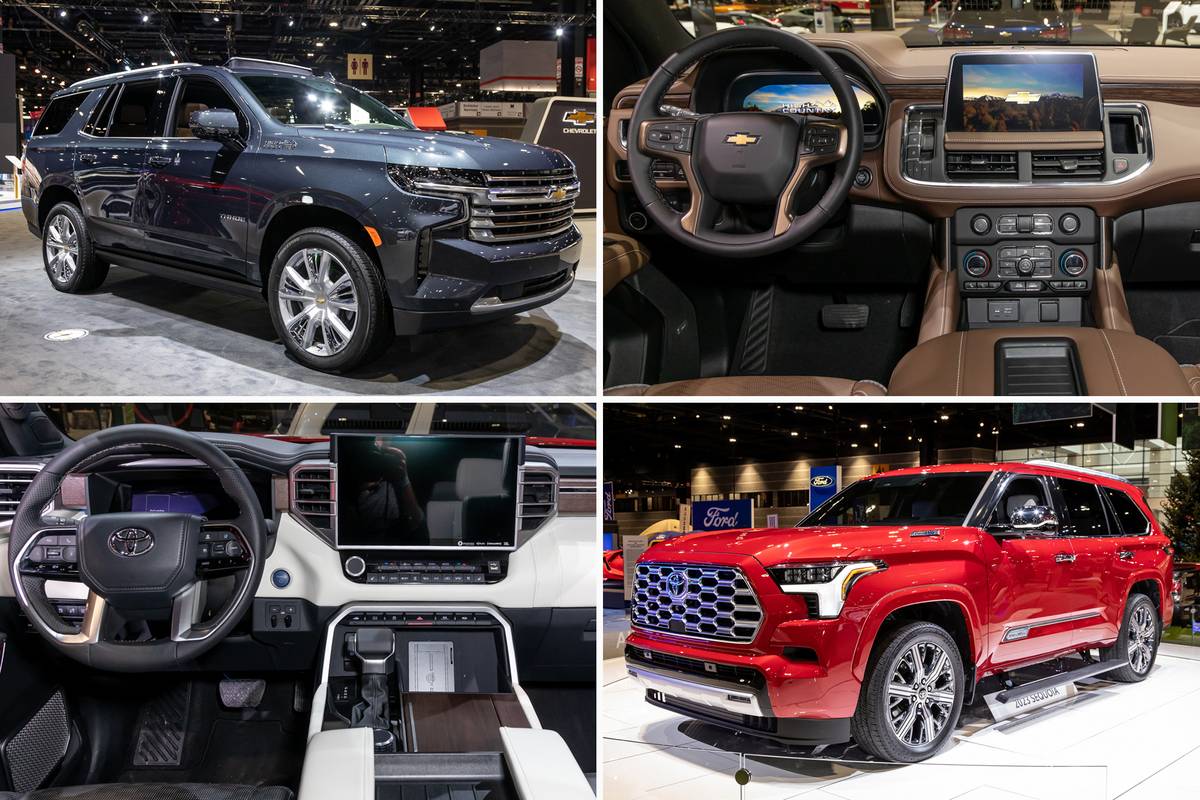 chevrolet-tahoe-high-country-2022-toyota-sequoia-2023-interior-blue-exterior-infotainment-system-red-steering-wheel
