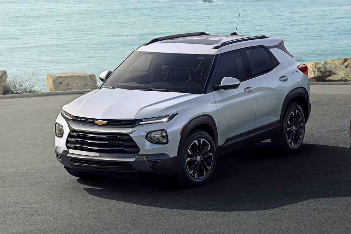 Front angle view of a silver 2021 Chevrolet Trailblazer in front of water