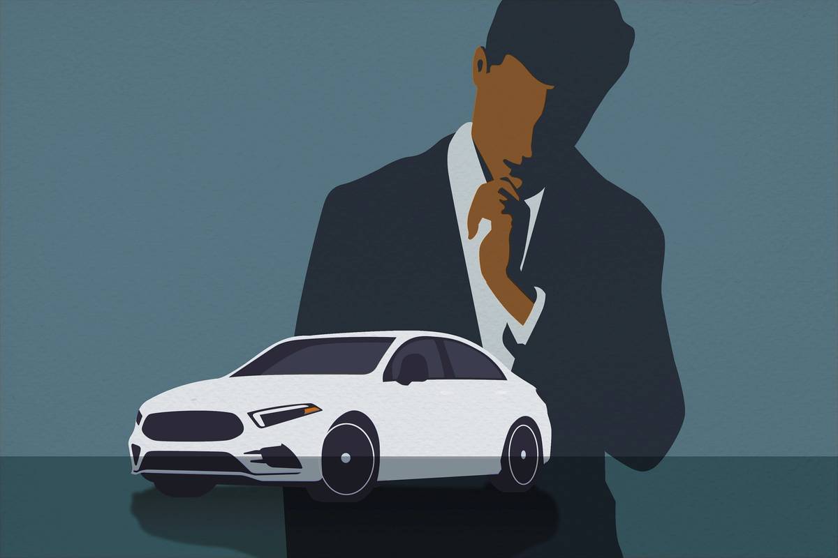 An illustration of a car with a man making a decision