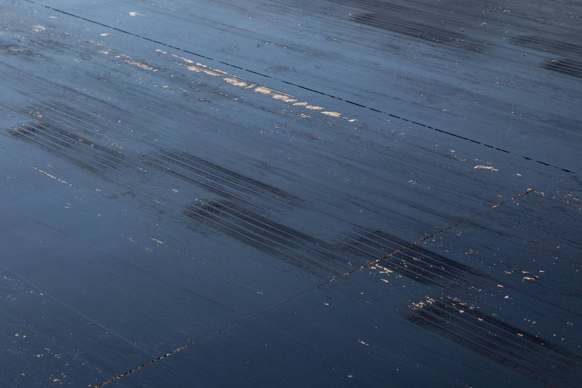 Tire marks left by the 2022 Ford Maverick XLT EcoBoost during acceleration testing with payload | Cars.com photo by Christian Lantry