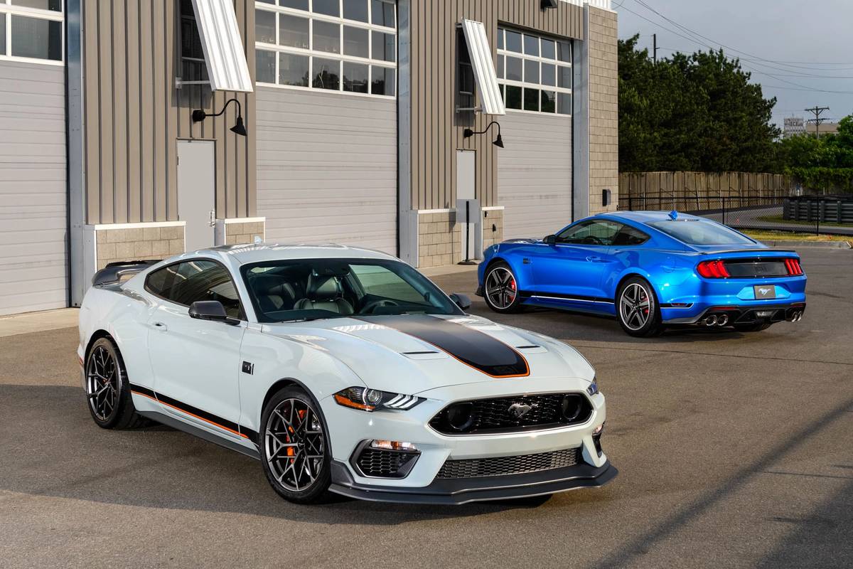 Blue and White 2021 Ford Mustang Mach 1s