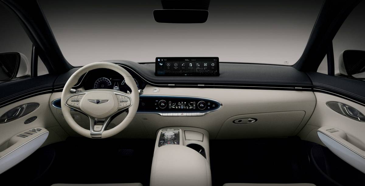 genesis gv70 ev 2021 2627 front row infotainment system interior steering wheel suv scaled jpg