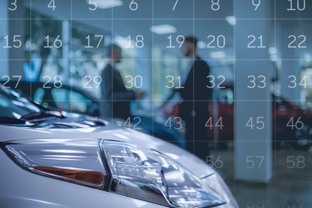 Dealership workers interacting with a calendar overlay illustration