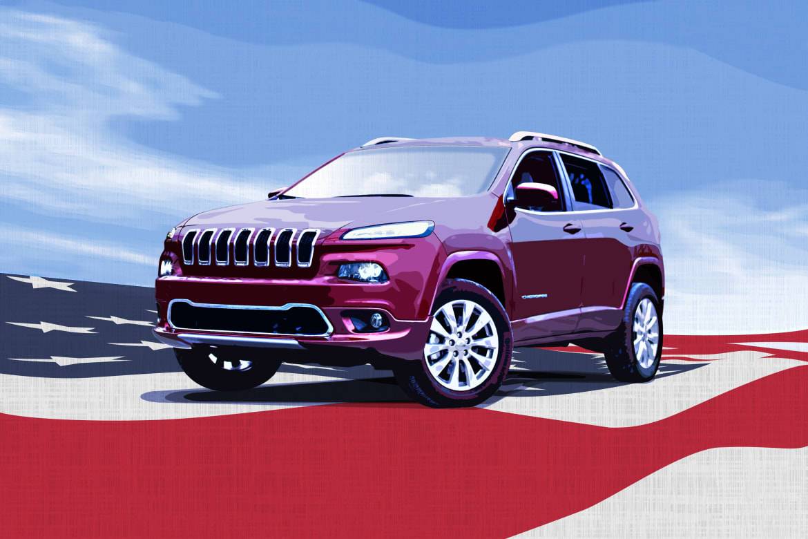 An illustration of a Jeep Cherokee, the most American car of 2018, on an American Flag