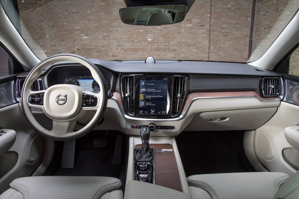 The V60’s interior features high-quality materials and a simple, tech-forward design. | Cars.com photos by Christian Lantry
