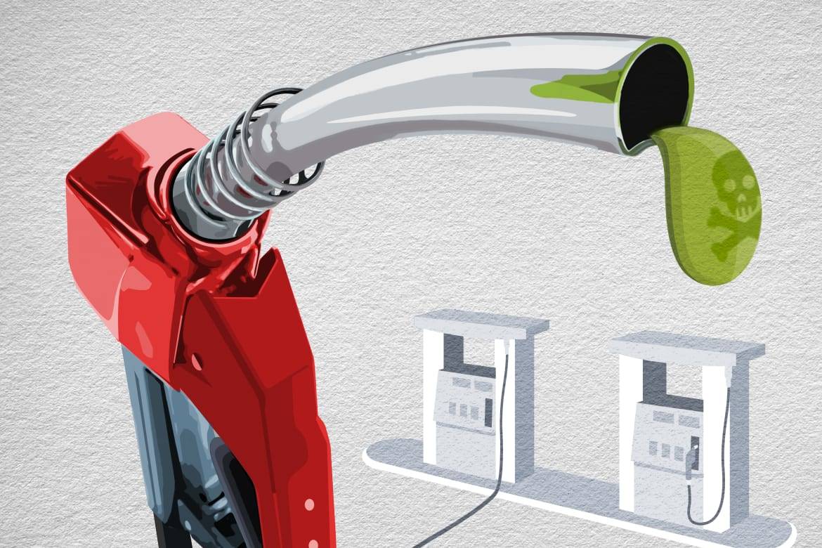 Illustration of a gas pump handle with a droplet of contaminated gasoline
