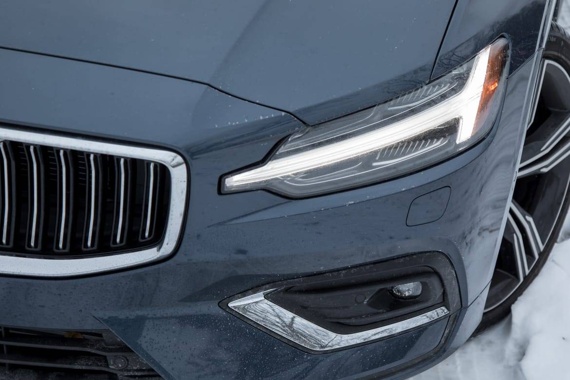 With Volvo’s now-iconic Thor’s hammer LED headlights, the V60 looks a lot like the V90, though the latter is some 7 inches longer. | Cars.com photos by Christian Lantry