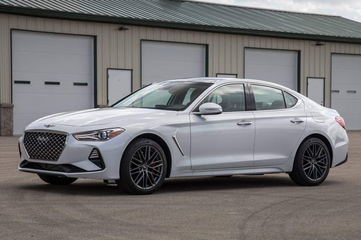 Thematically similar up front to the Infiniti Q50, the G70 is Genesis’ smallest sedan by a substantial margin. | Cars.com photo by Christian Lantry