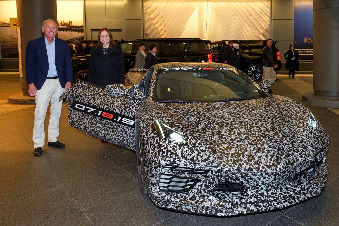 Chevrolet Corvette Chief Engineer Tadge Juechter and General Motors Chairman and CEO Mary Barra Thursday, April 11, 2019 with a camouflaged next generation Corvette near Times Square in New York, New York. The next generation Corvette will be unveiled on July 18. (Photo by Steve Fecht for Chevrolet) | 