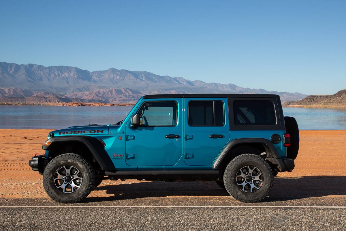 Side view of a blue 2020 Jeep Wrangler Unlimited EcoDiesel
