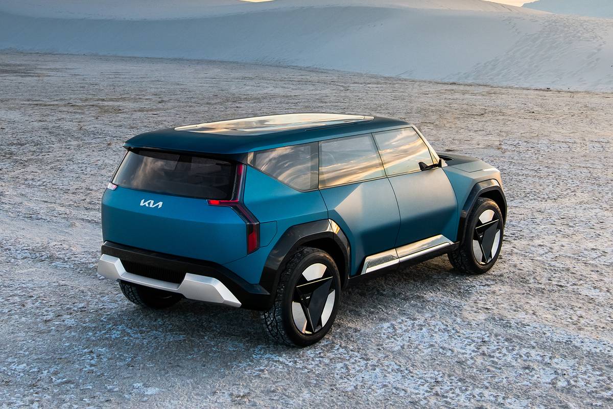 kia ev9 concept 5 blue exterior rear angle suv jpg